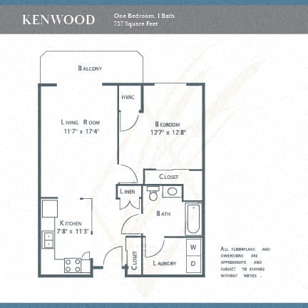 Floor plan for 1 bed, 1 bath, 737 sqft