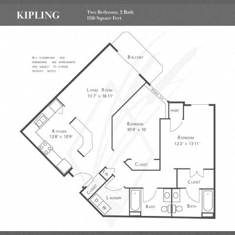Floor plan for 2 beds, 2 baths, 1116 sqft