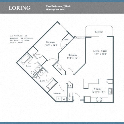 Floor plan for 2 beds, 2 baths, 1106 sqft