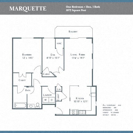 Floor plan for 1 bed, 1 bath, 1072 sqft