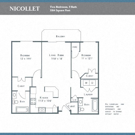Floor plan for 2 beds, 2 baths, 1064 sqft