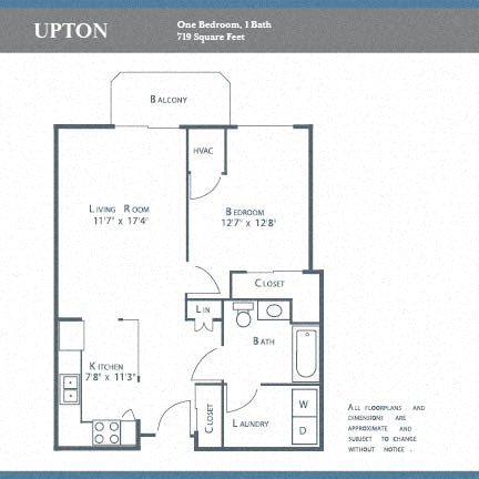 Floor plan for 1 bed, 1 bath, 719 sqft