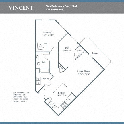 Floor plan for 1 bed, 1 bath, 856 sqft