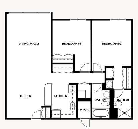 Floor plan for 2 beds, 2 baths, 1050 sqft