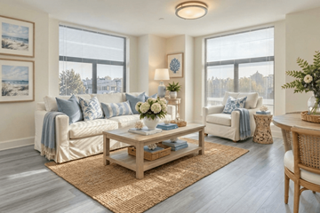 Westport townhouse for rent - A living room with a white couch, a wooden coffee table, and a rug on the floor.