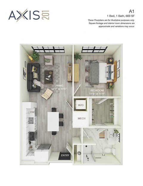 Floor plan for 1 bed, 1 bath, 738 sqft