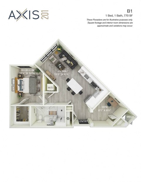 Floor plan for 1 bed, 1 bath, 770 sqft