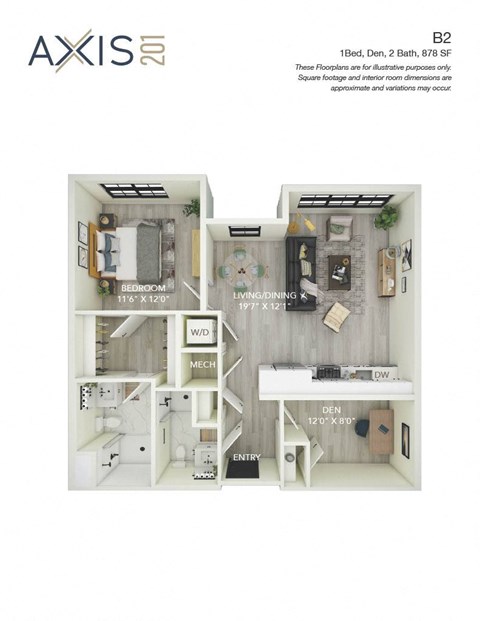 Floor plan for 1 bed, 2 baths, 878 sqft