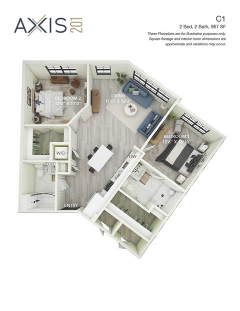 Floor plan for 2 beds, 2 baths, 1055 sqft