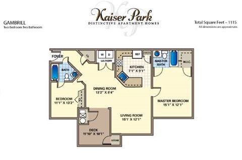 Floor plan for 2 beds, 2 baths, 1115 sqft