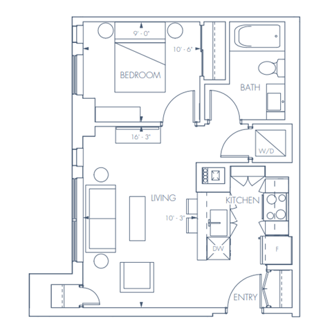 Floor plan for 1 bed, 1 bath, 554 sqft