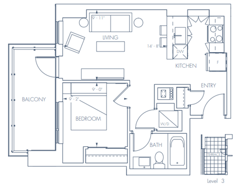 Floor plan for 1 bed, 1 bath, 543 sqft