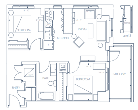Floor plan for 2 beds, 1 bath, 776 sqft