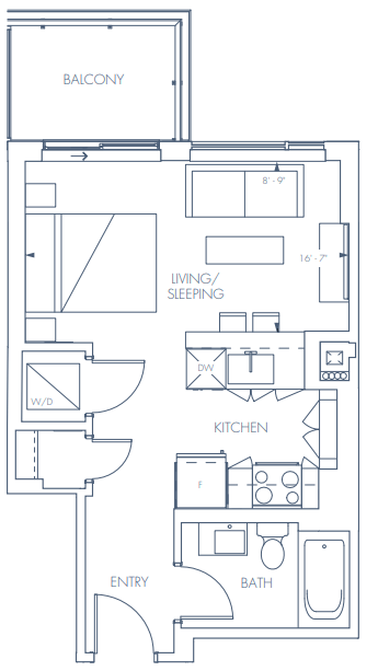 Floor plan for studio, 1 bath, 424 sqft