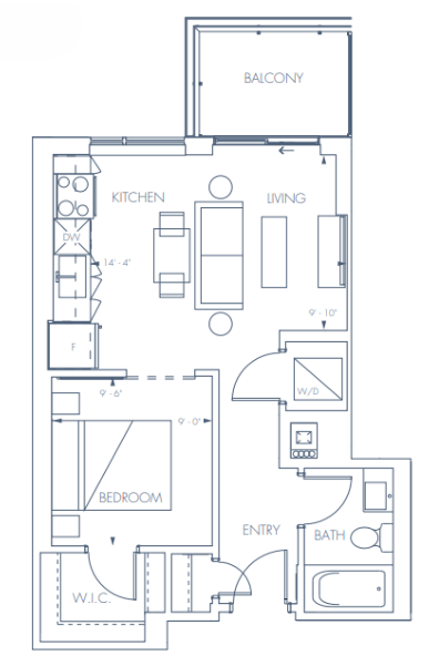 Floor plan for 1 bed, 1 bath, 523 sqft