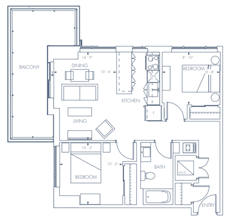 Floor plan for 2 beds, 1 bath, 771 sqft