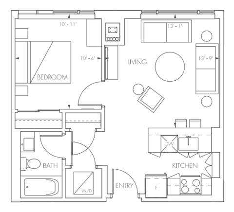 Floor plan for 1 bed, 1 bath, 568 sqft