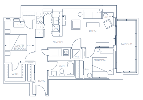 Floor plan for 2 beds, 1 bath, 834 sqft