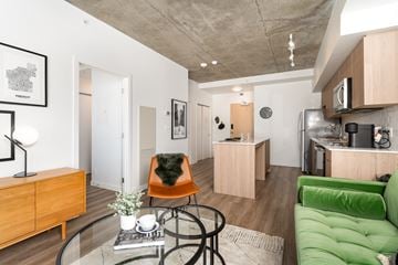 Edmonton apartment for rent - A modern living room with a green sofa and a coffee table.