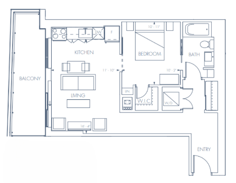Floor plan for 1 bed, 1 bath, 665 sqft