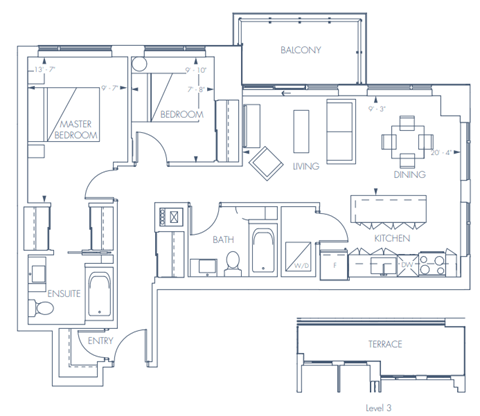 Floor plan for 2 beds, 2 baths, 962 sqft