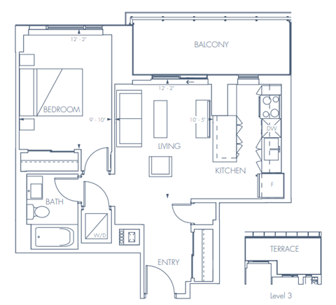 Floor plan for 1 bed, 1 bath, 620 sqft