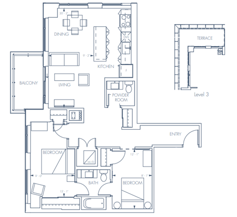 Floor plan for 2 beds, 2 baths, 962 sqft