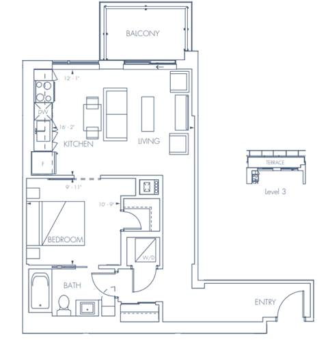 Floor plan for 1 bed, 1 bath, 696 sqft