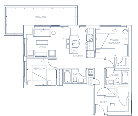 Floor plan for 2 beds, 2 baths, 895 sqft