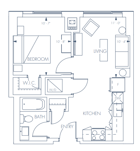 Floor plan for 1 bed, 1 bath, 524 sqft