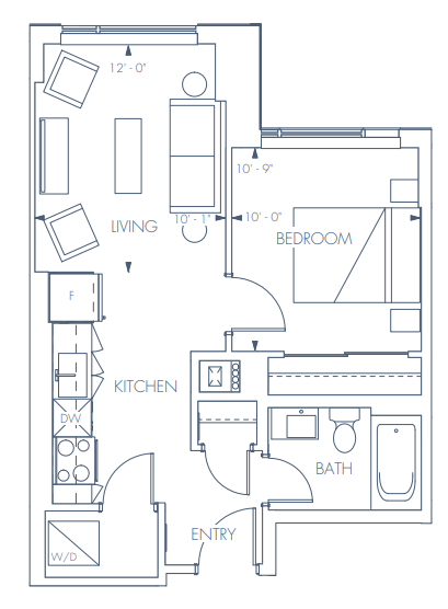 Floor plan for 1 bed, 1 bath, 543 sqft