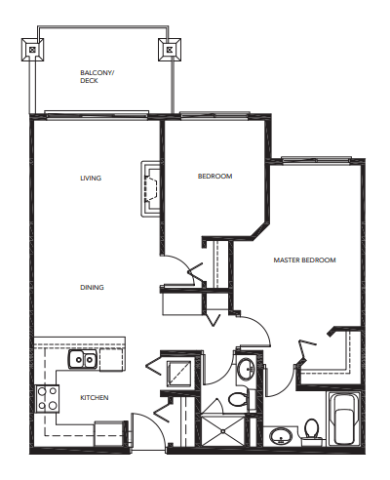 Floor plan for 2 beds, 2 baths, 866 sqft
