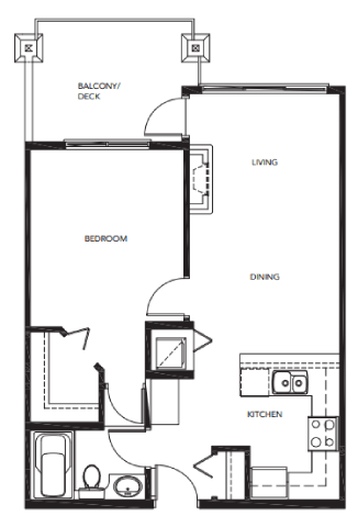 Floor plan for 1 bed, 1 bath, 712 sqft