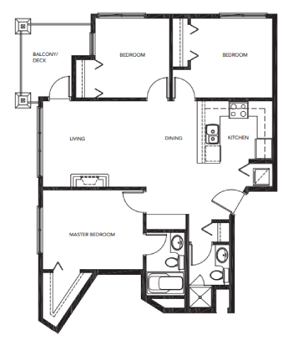 Floor plan for 3 beds, 2 baths, 1021 sqft