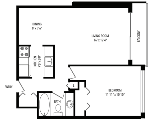 Floor plan for 1 bed, 1 bath, 625 sqft