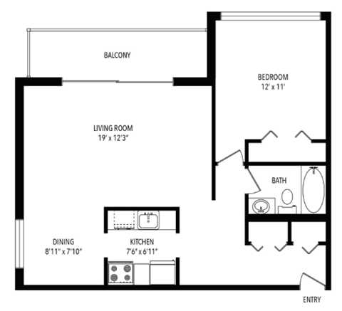 Floor plan for 1 bed, 1 bath