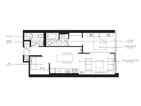 Floor plan for 1 bed, 1.5 baths, 644 sqft