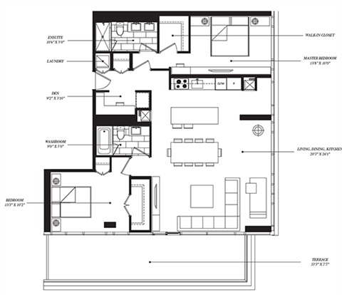Floor plan for 2 beds, 2 baths, 1090 sqft