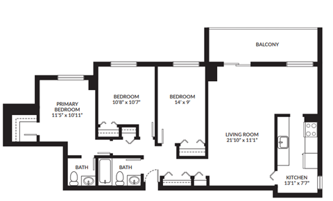 Floor plan for 3 beds, 2 baths, 1167 sqft