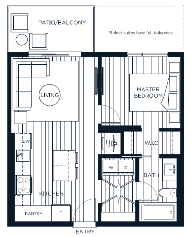 Floor plan for 1 bed, 1 bath