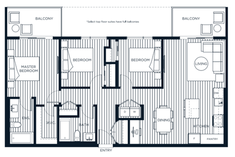 Floor plan for 3 beds, 2 baths
