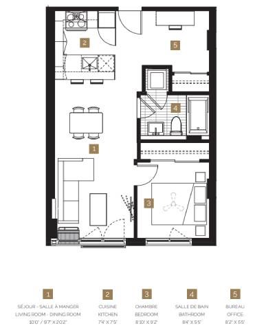 Floor plan for 2 beds, 1 bath