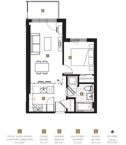Floor plan for 1 bed, 1 bath