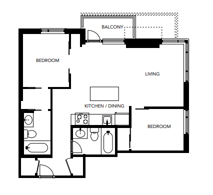 Floor plan for 2 beds, 1 bath