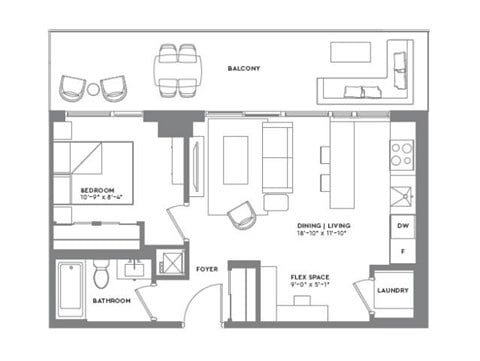 Floor plan for 1 bed, 1 bath, 674 sqft