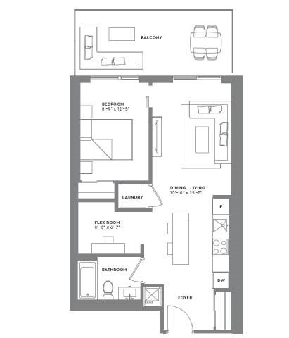 Floor plan for 1 bed, 1 bath, 664 sqft