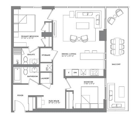 Floor plan for 2 beds, 2 baths, 1055 sqft