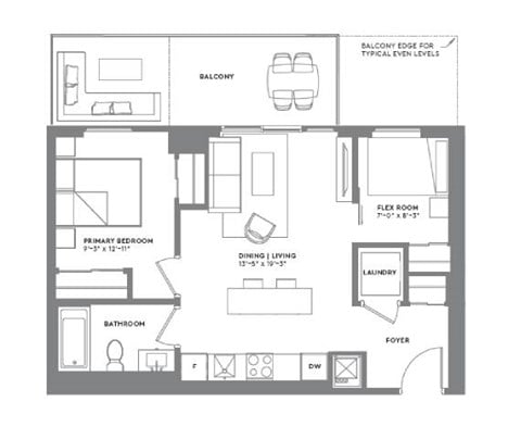 Floor plan for 2 beds, 2 baths, 668 sqft