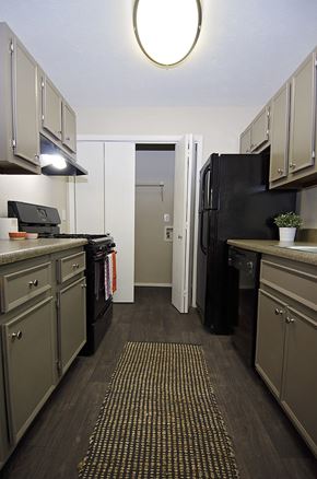 Duluth apartment for rent - A kitchen with a black refrigerator and brown flooring.