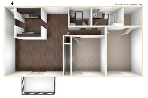 Floor plan for 2 beds, 1 bath, 1030 sqft